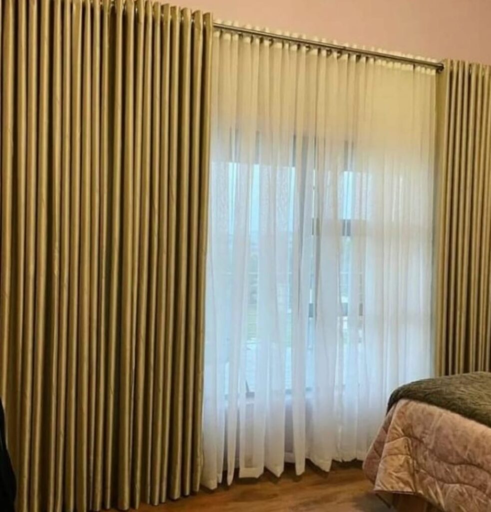 Gold eyelet curtain installed in Roodepoort Gold eyelet curtain installed in Roodepoort.